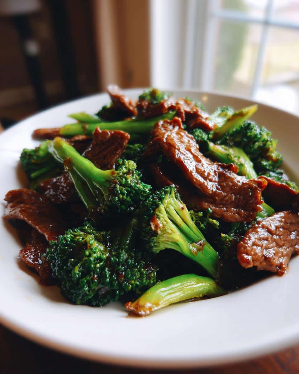 Close-up of a plate of Healthy Balanced Chinese Beef and Broccoli, showing tender beef slices and vibrant green broccoli florets coated in sauce.
