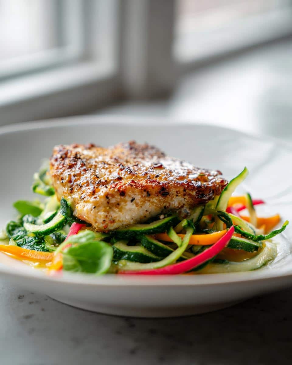 A close-up of a pan-seared chicken breast on a bed of colorful zucchini noodles, a Healthy Balanced Two Weeks Of Easy Dinner Recipes For Two-Homemade Mastery.