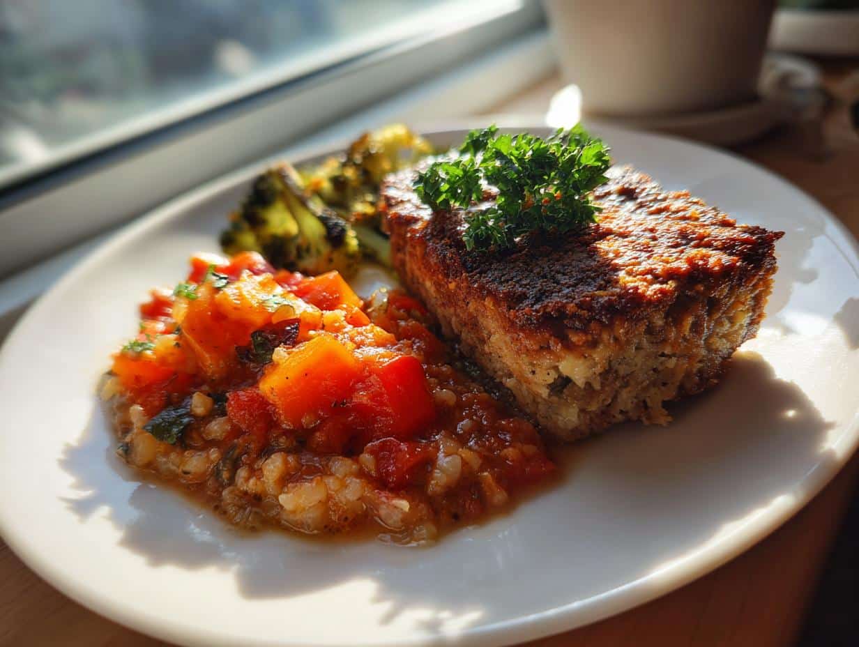 A plate with a slice of meatloaf garnished with parsley, a side of ratatouille, and roasted broccoli, representing Healthy Balanced Two Weeks Of Easy Dinner Recipes For Two-Homemade Mastery.