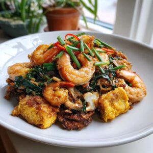 A close-up of a healthy balanced shrimp and vegetable stir-fry with green onions and red chili on a white plate, perfect for Easy Dinner Recipes For Two.