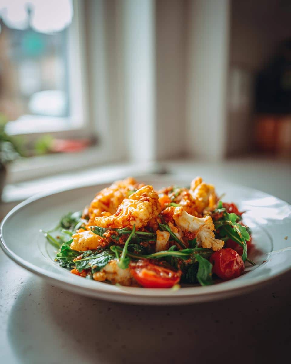 A close-up of a healthy balanced two weeks of easy dinner recipes for two featuring roasted cauliflower, cherry tomatoes, and greens on a white plate.