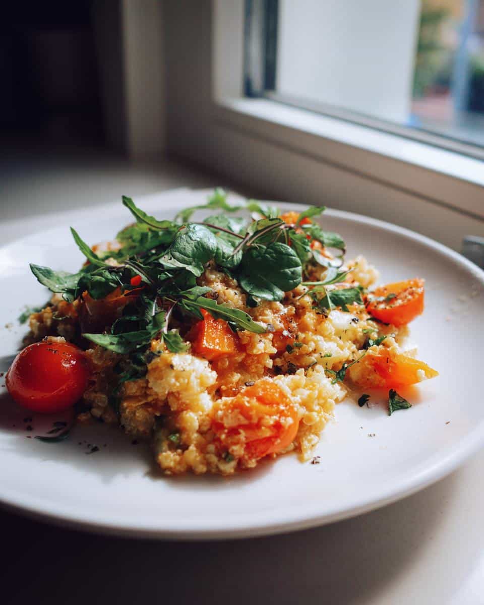 A close-up of a healthy balanced two weeks of easy dinner recipes for two - quinoa salad with cherry tomatoes and greens on a white plate.