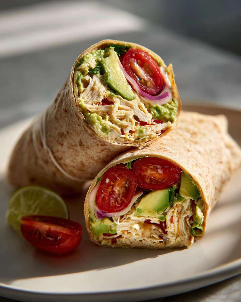 Two halves of a Healthy Chicken Avocado Wrap Recipe on a white plate, filled with chicken, avocado, tomatoes, and red onion.