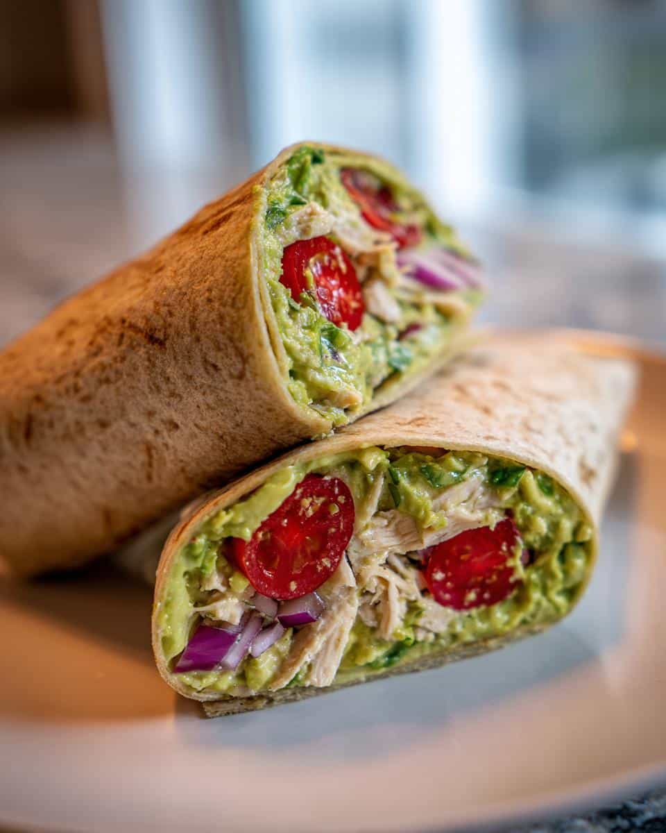 Close-up of a cut Healthy Chicken Avocado Wrap Recipe, showing shredded chicken, mashed avocado, cherry tomatoes, and red onion.