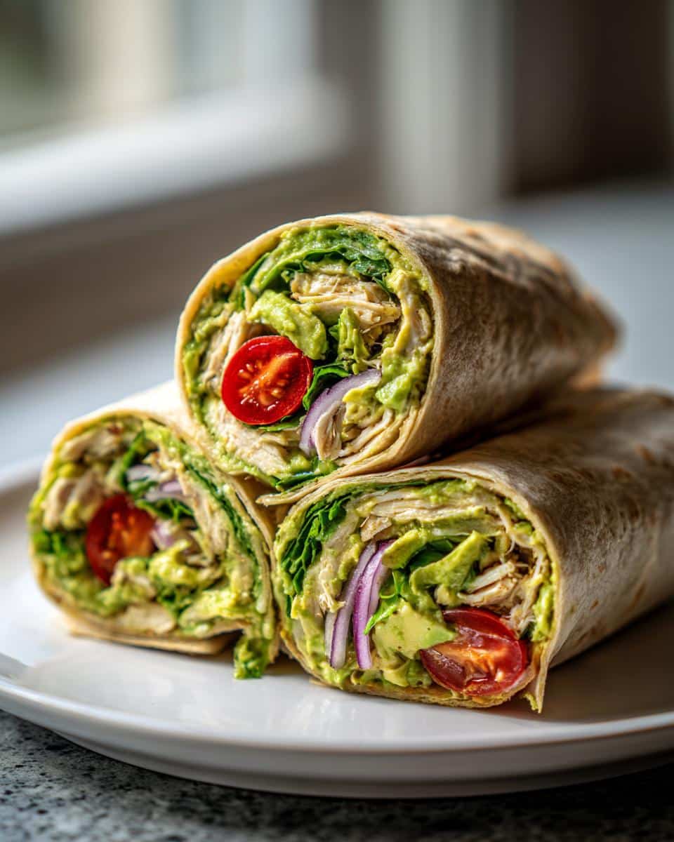 Three healthy chicken avocado wraps stacked on a white plate, showing filling of chicken, avocado, lettuce, tomato, and red onion.
