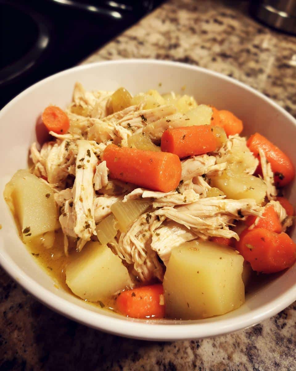 A close-up of a bowl of healthy crockpot chicken and vegetable stew with potatoes, carrots, and shredded chicken.