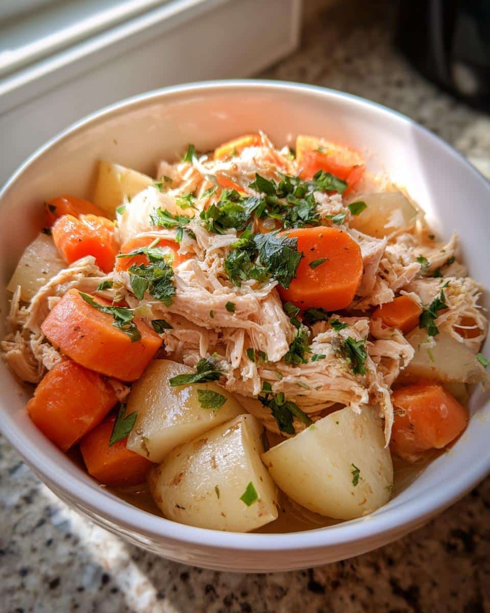 A close-up of a bowl of healthy crockpot chicken and vegetable stew, garnished with fresh parsley.