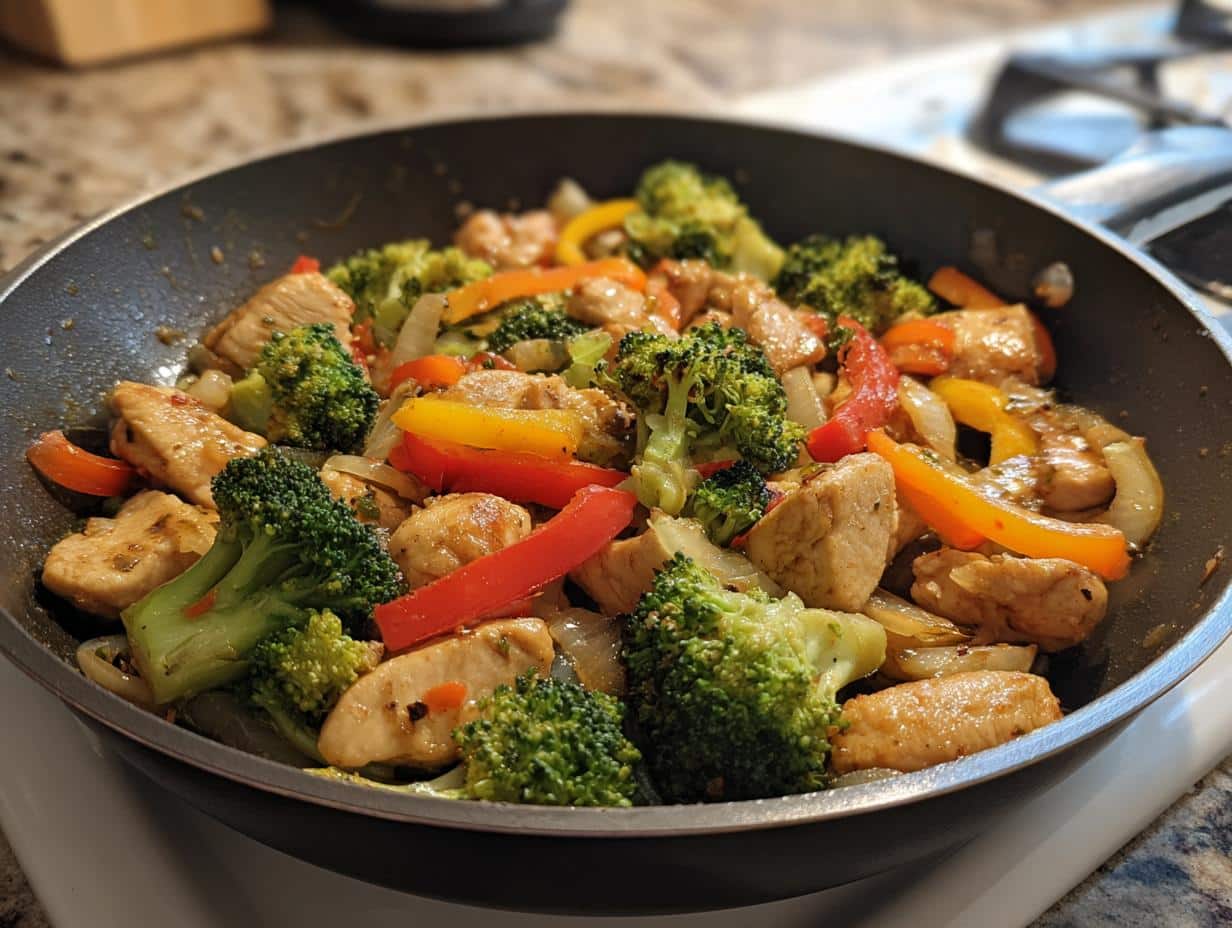 A close-up of a healthy dinner recipe in a pan, featuring chicken, broccoli, and colorful bell peppers.