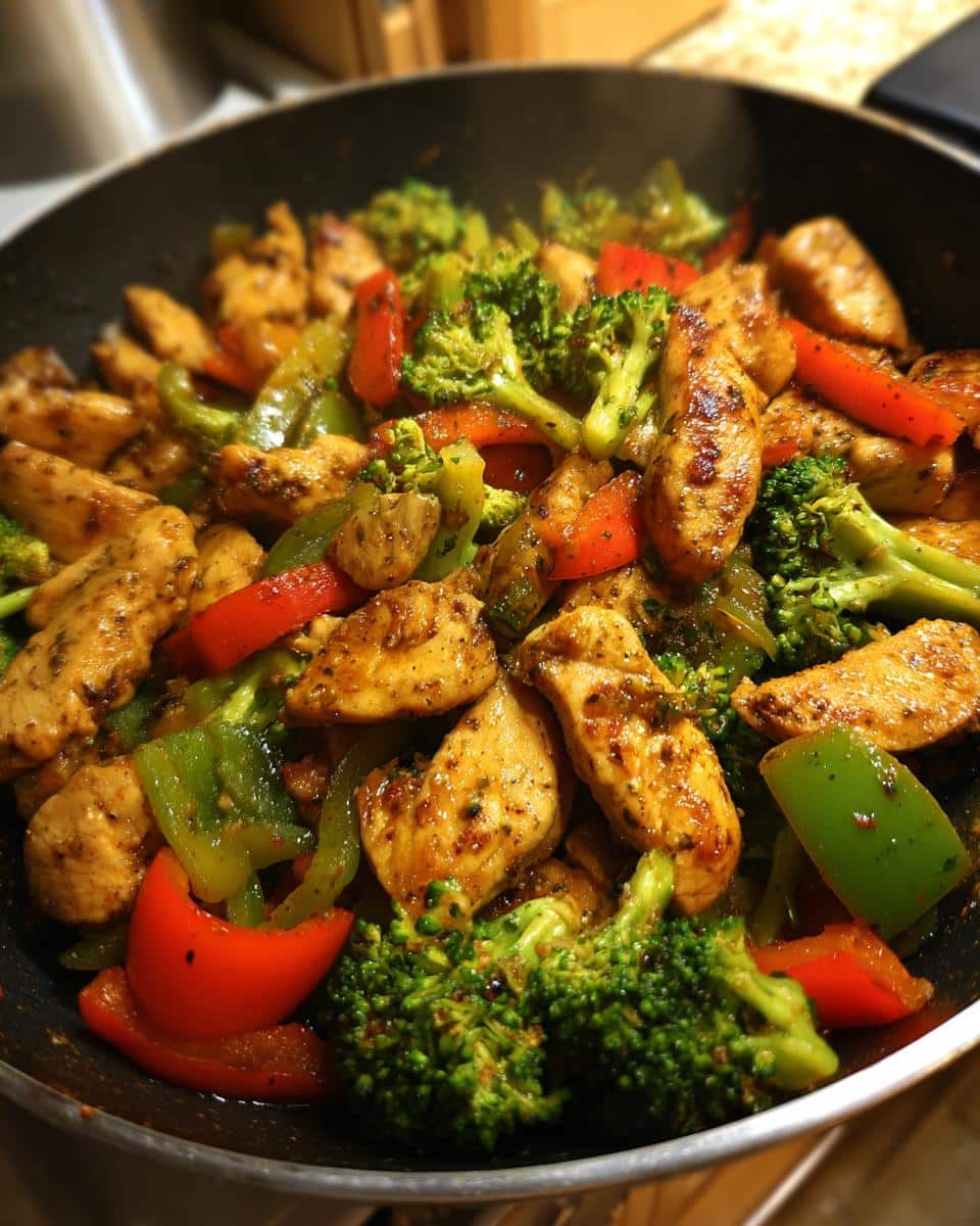 Close-up of a pan filled with chicken and colorful vegetables like broccoli, red and green bell peppers, perfect for Healthy Family Meals Ready in Less than Minutes Recipe.