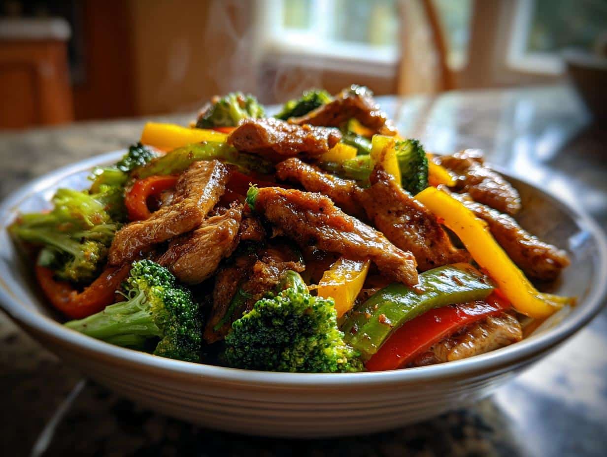 Close-up of a steaming bowl of colorful stir-fry with chicken, broccoli, red, green, and yellow bell peppers. Healthy Family Meals Ready in Less than Minutes.
