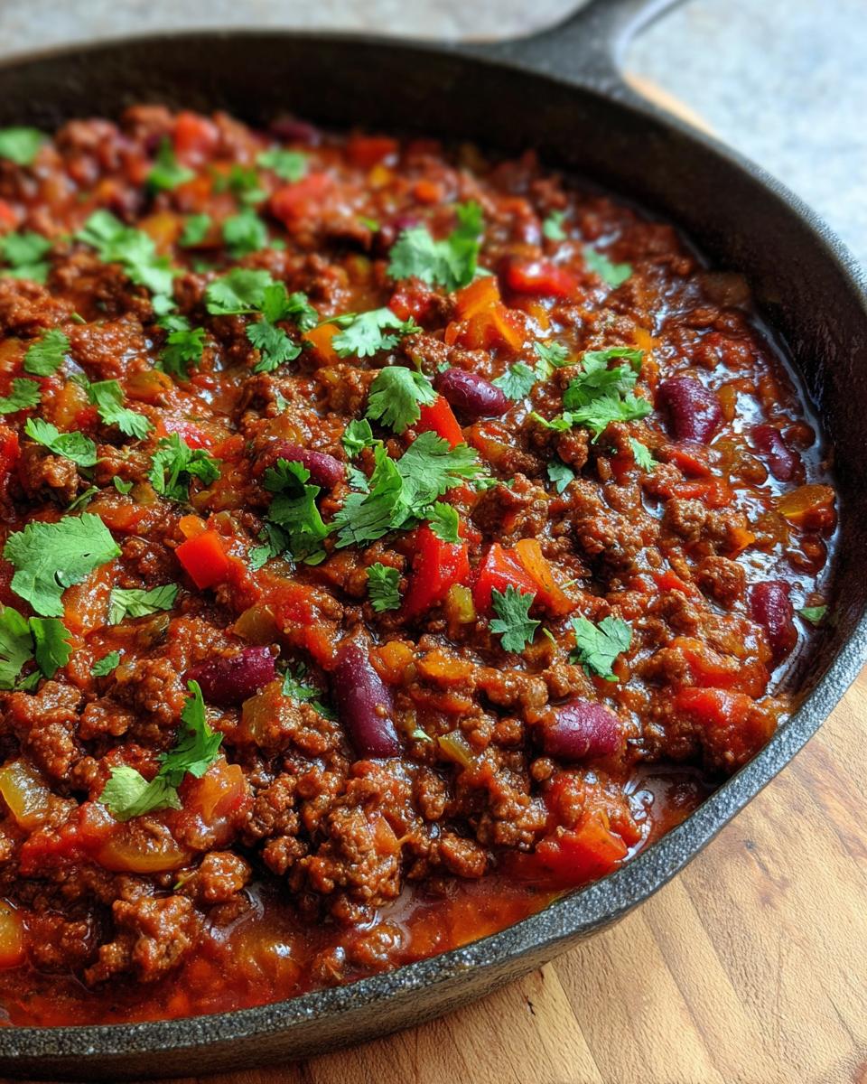 Close-up of a skillet filled with a healthy ground beef dish, kidney beans, bell peppers, and fresh cilantro.