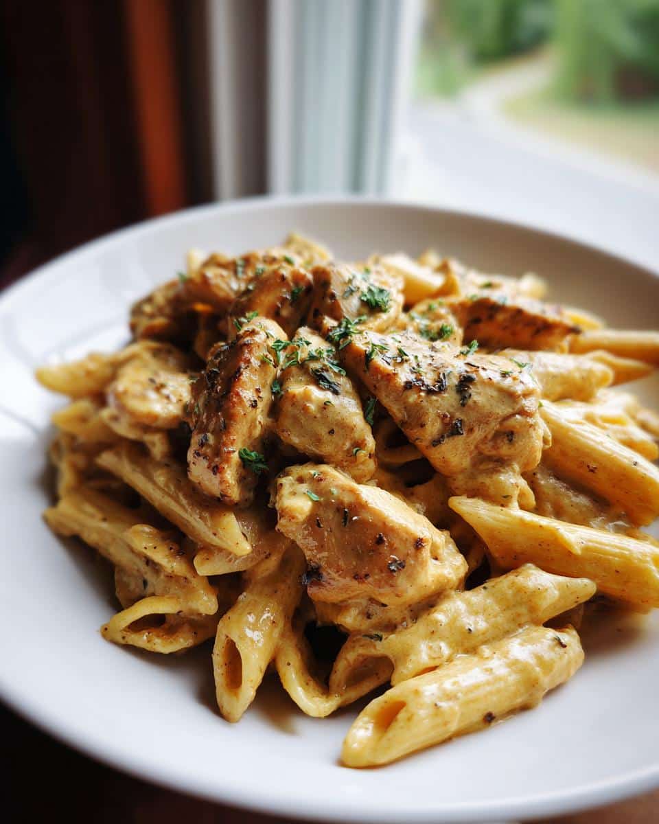 Flavorful 38g Protein Garlic Parmesan Chicken Pasta Recipe 3 Close-up of a white bowl filled with Healthy High-Protein Creamy Garlic Parmesan Chicken Pasta, garnished with fresh herbs.