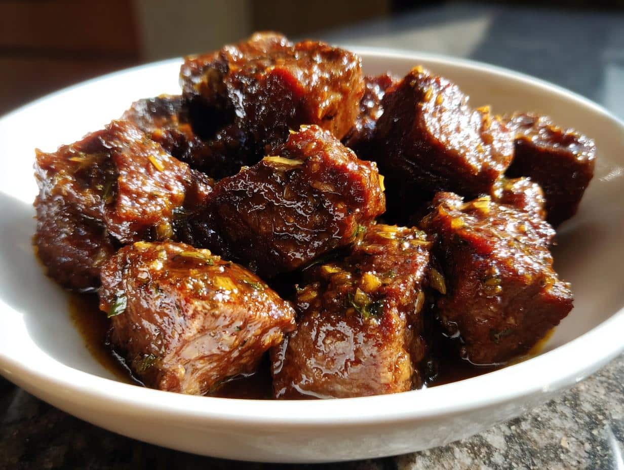 A close-up of a white bowl filled with glistening Healthy High Protein Slow Cooker Garlic Butter Beef Bites, rich in color and texture.