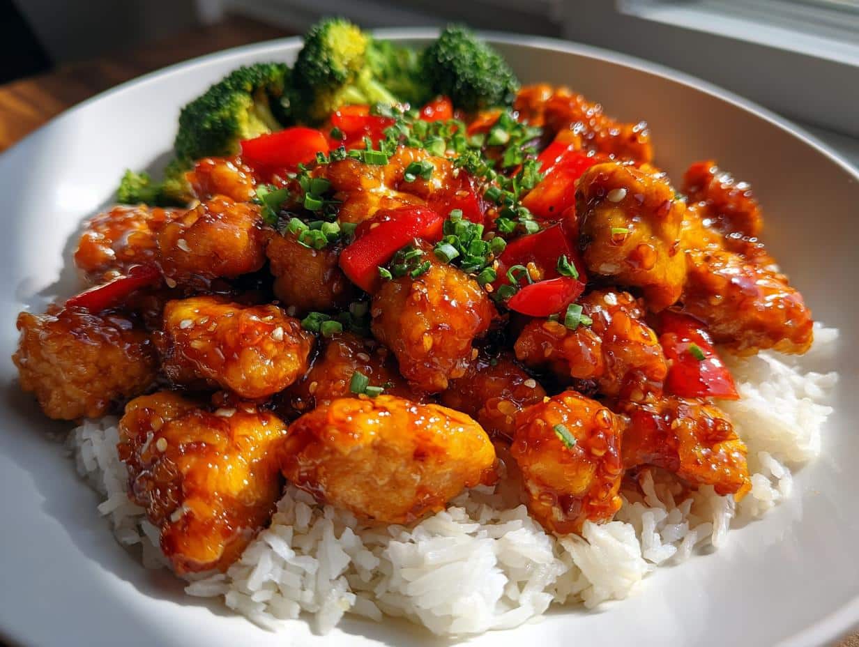 A vibrant Healthy Hot Honey Chicken Bowl with crispy chicken pieces, red bell peppers, green onions, and sesame seeds over white rice, with broccoli on the side.