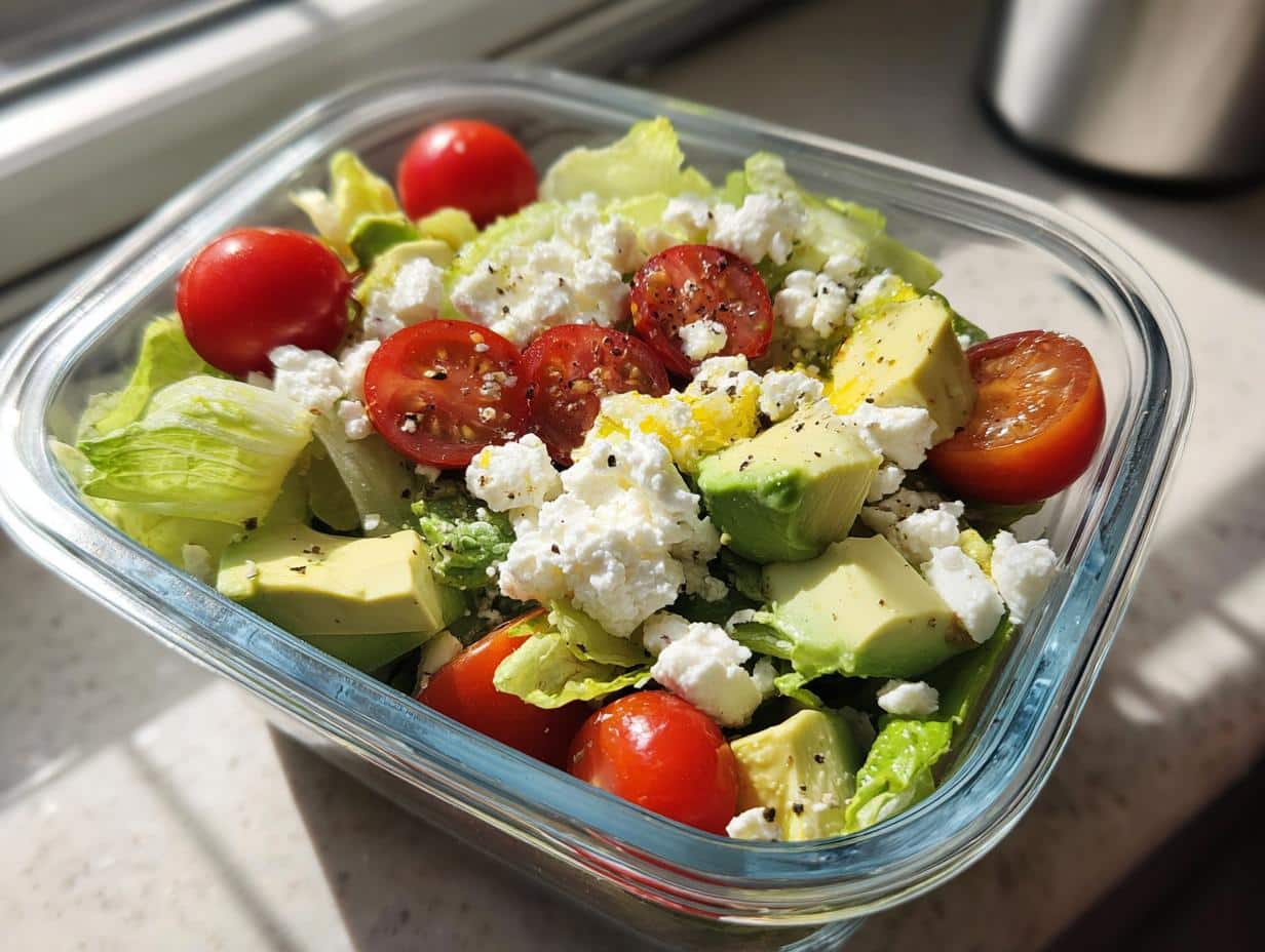A vibrant salad in a glass container with lettuce, cherry tomatoes, avocado, and feta cheese, perfect for Healthy Lunch ideas for Meal Prep.