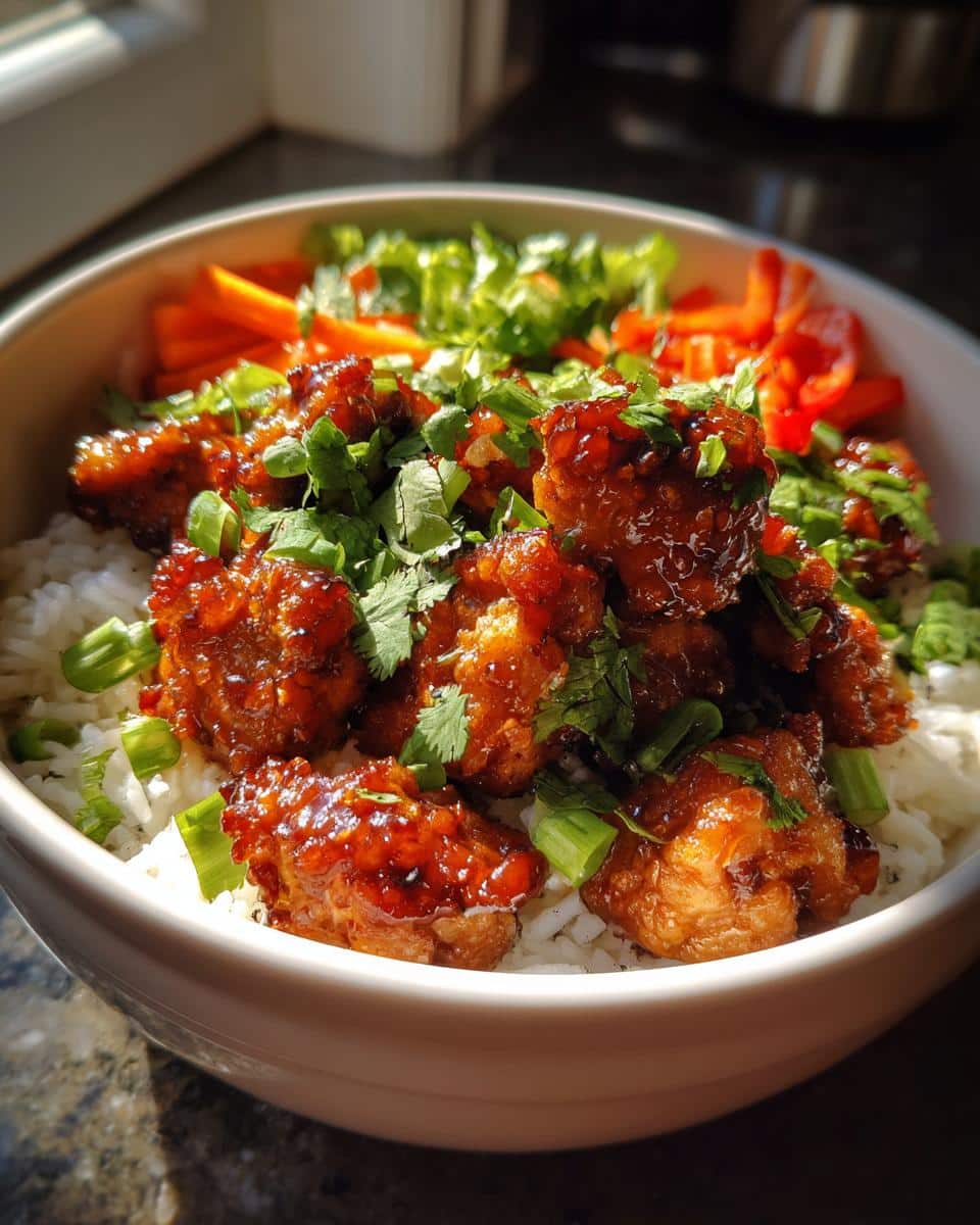 A close-up of a Healthy Lunchbox Hot Honey Chicken Bowl with crispy chicken, rice, green onions, and cilantro.