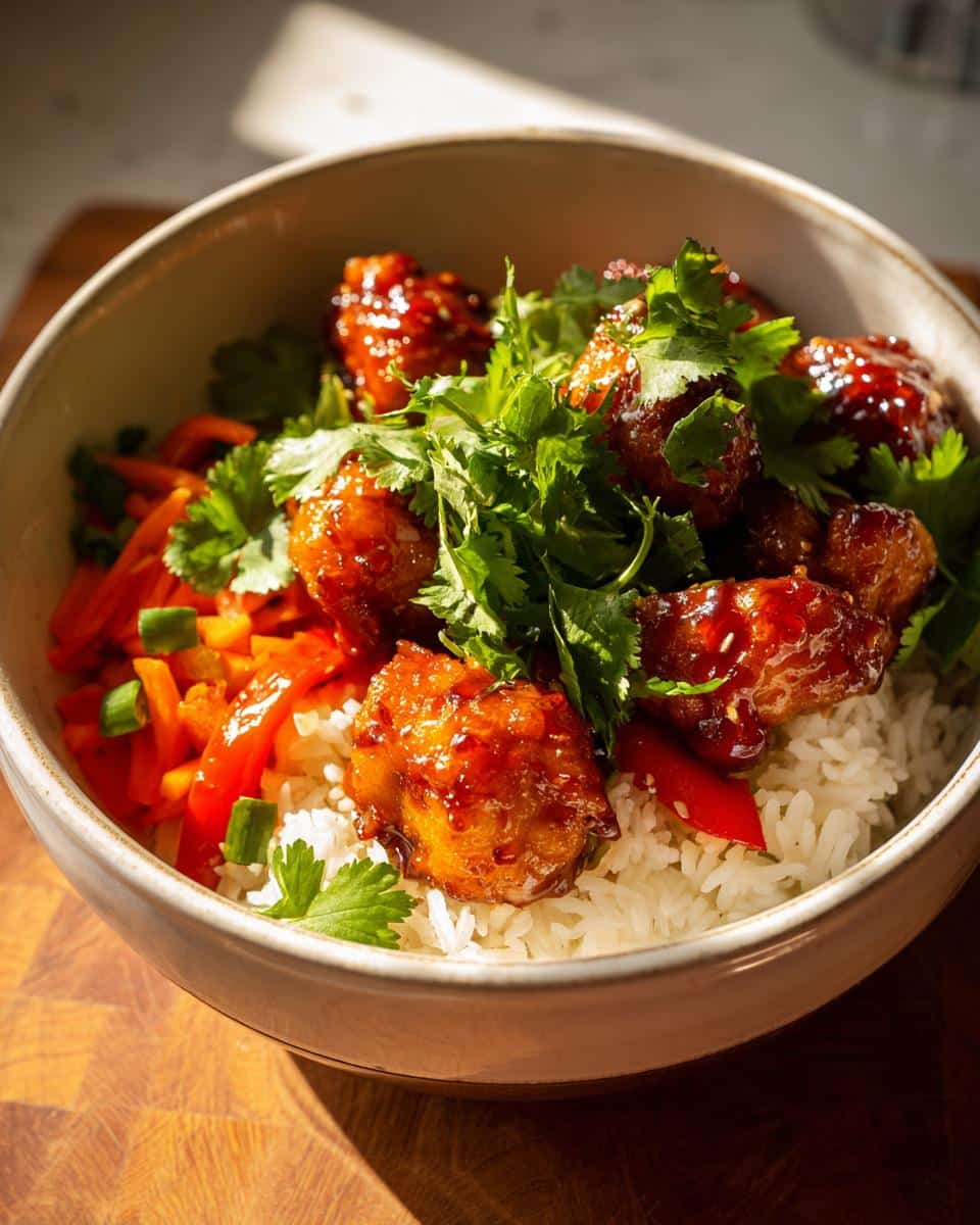 A close-up of a Healthy Lunchbox Hot Honey Chicken Bowl with glossy chicken, white rice, red peppers, and fresh cilantro.
