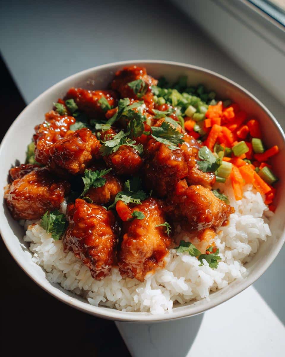 A close-up of a Healthy Lunchbox Hot Honey Chicken Bowl with white rice, glazed chicken, carrots, and green onions.