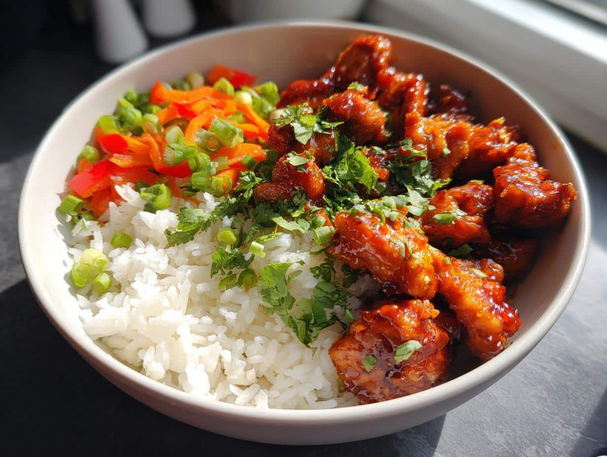 A close-up of a Healthy Lunchbox Hot Honey Chicken Bowl with white rice, red bell peppers, green onions, and cilantro.