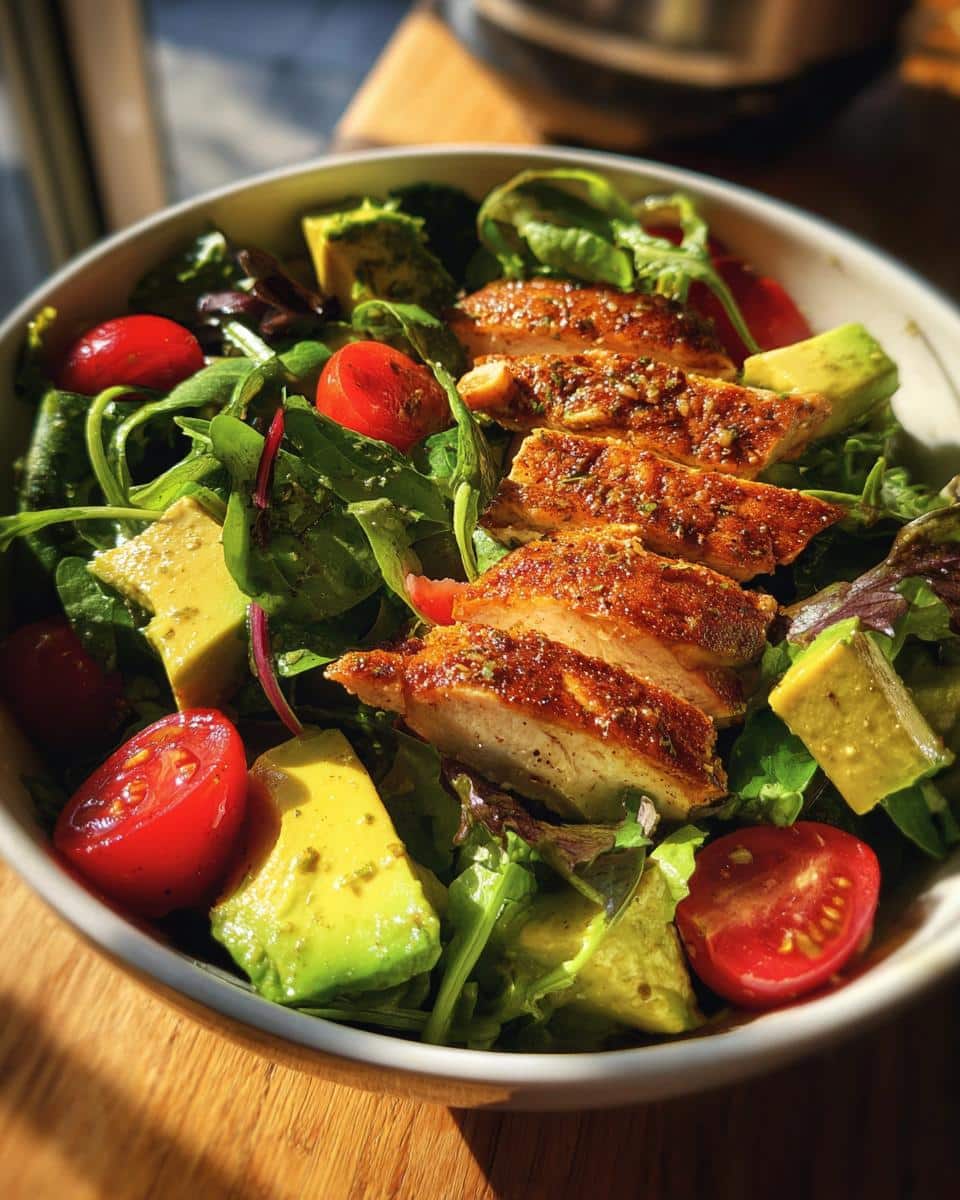 A vibrant bowl of chicken salad with sliced grilled chicken, avocado, cherry tomatoes, and mixed greens. Healthy Protein Lunch Ideas for Work.