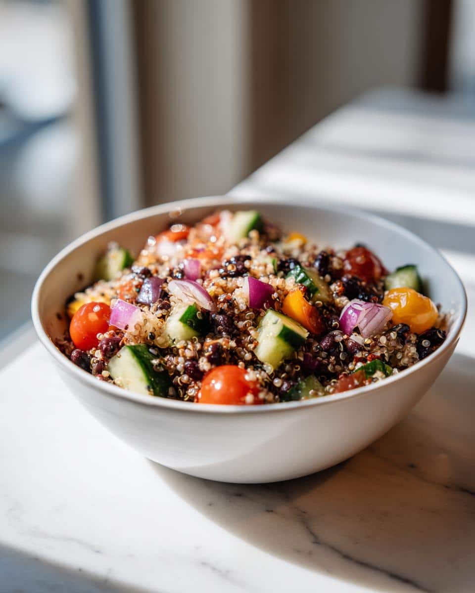 A vibrant bowl of High-Protein + Healthy Lunch Ideas for School That Are Budget-Friendly, featuring quinoa, black beans, cherry tomatoes, cucumber, and red onion.