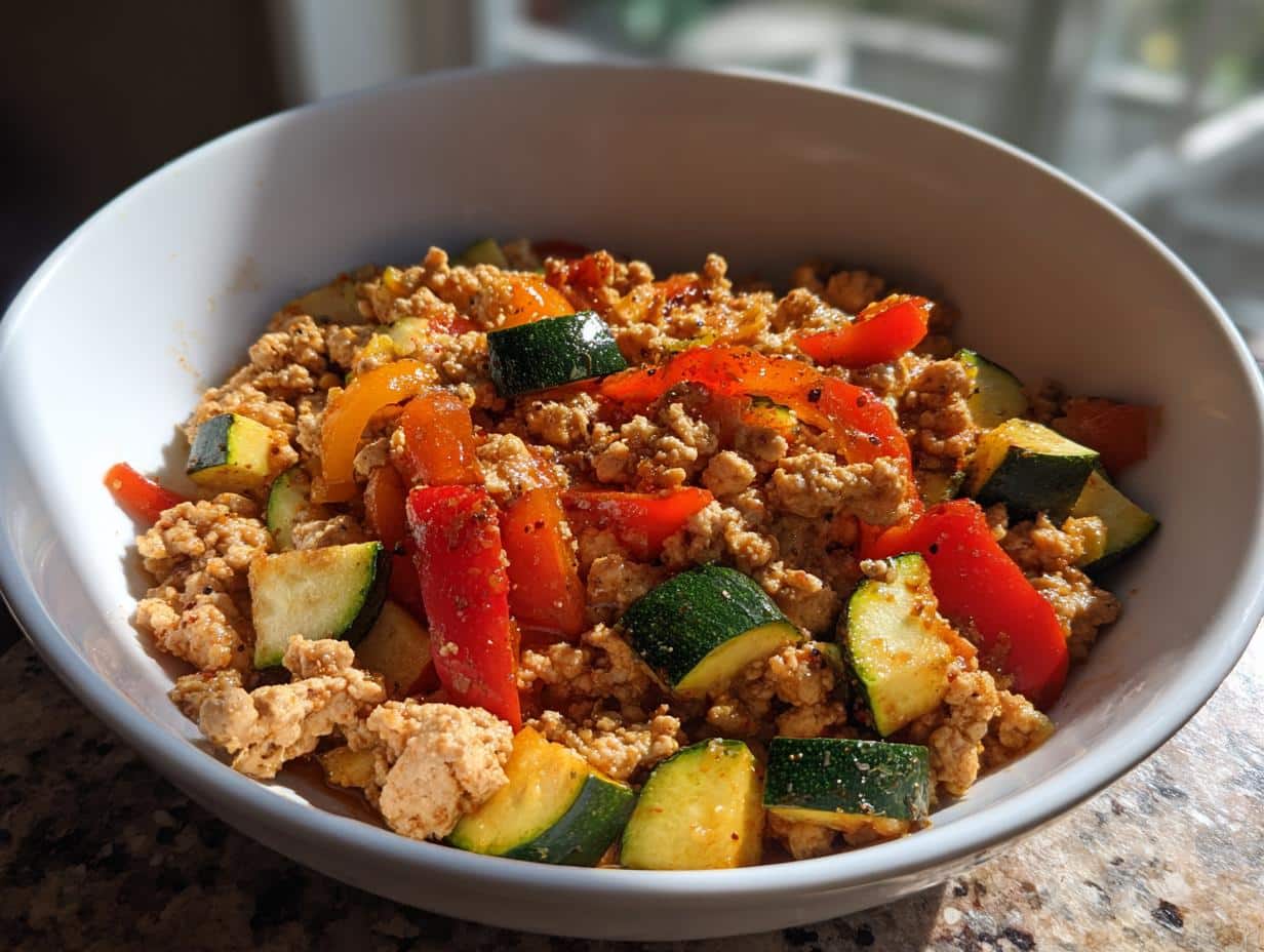 35-Minute High-Protein Heart-Healthy Dinner That’s Delicious 1 A bowl of High-Protein Heart-Healthy Dinner featuring ground meat, red and yellow bell peppers, and zucchini.