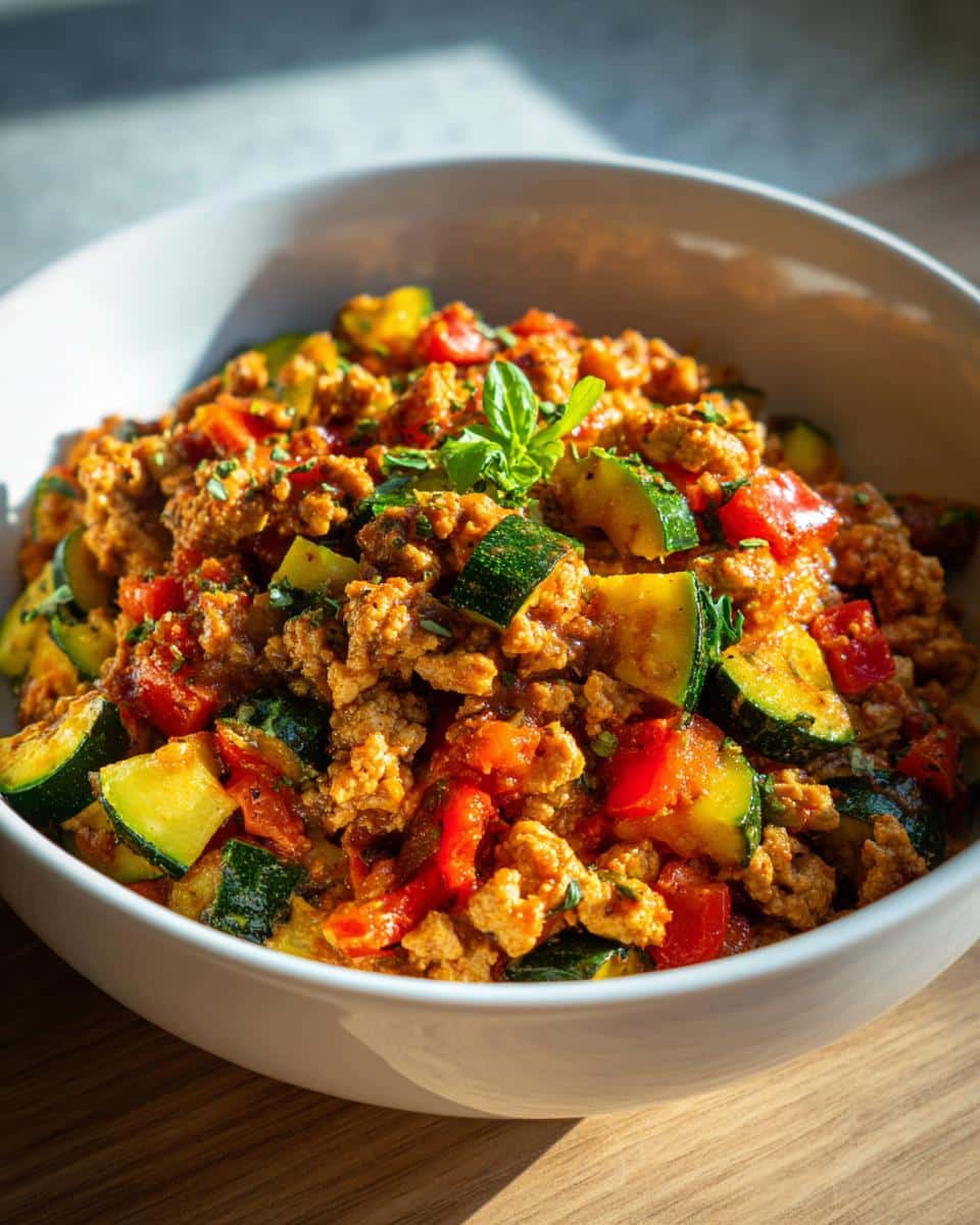 35-Minute High-Protein Heart-Healthy Dinner That’s Delicious 3 A close-up of a bowl filled with High-Protein Heart-Healthy Dinner, featuring ground meat, zucchini, red bell peppers, and herbs.