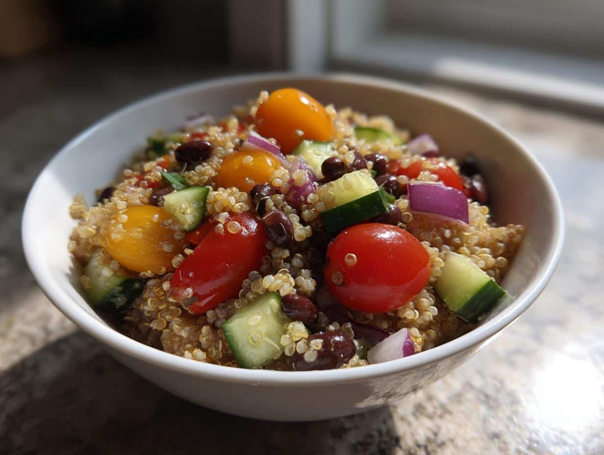 A vibrant bowl of high-protein quinoa salad with black beans, cherry tomatoes, cucumber, and red onion, perfect for healthy lunch ideas.
