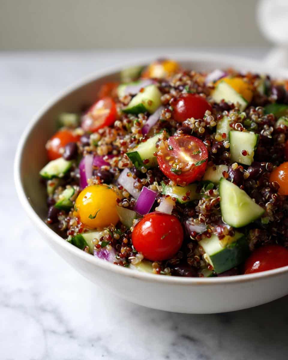 Close-up of a colorful High-Protein Quinoa Salad with cherry tomatoes, cucumbers, red onion, and black beans in a white bowl.