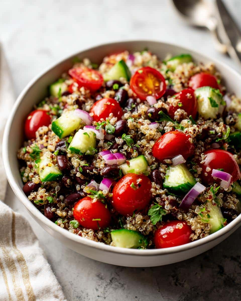 A close-up of a colorful High-Protein Quinoa Salad with black beans, cherry tomatoes, cucumber, and red onion in a white bowl.