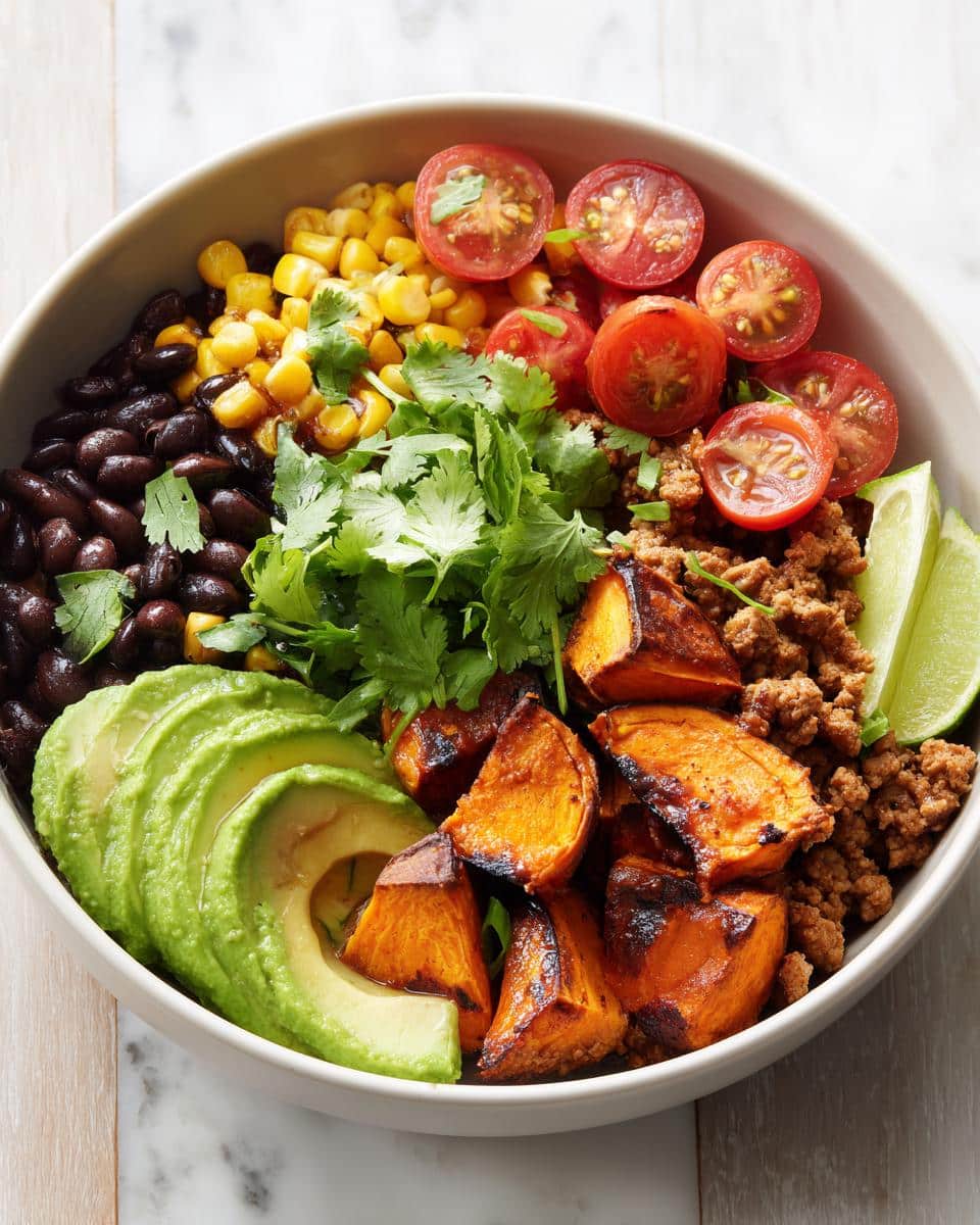A vibrant High-Protein Sweet Potato Taco Bowl filled with roasted sweet potatoes, ground meat, black beans, corn, tomatoes, avocado, cilantro, and lime wedges.