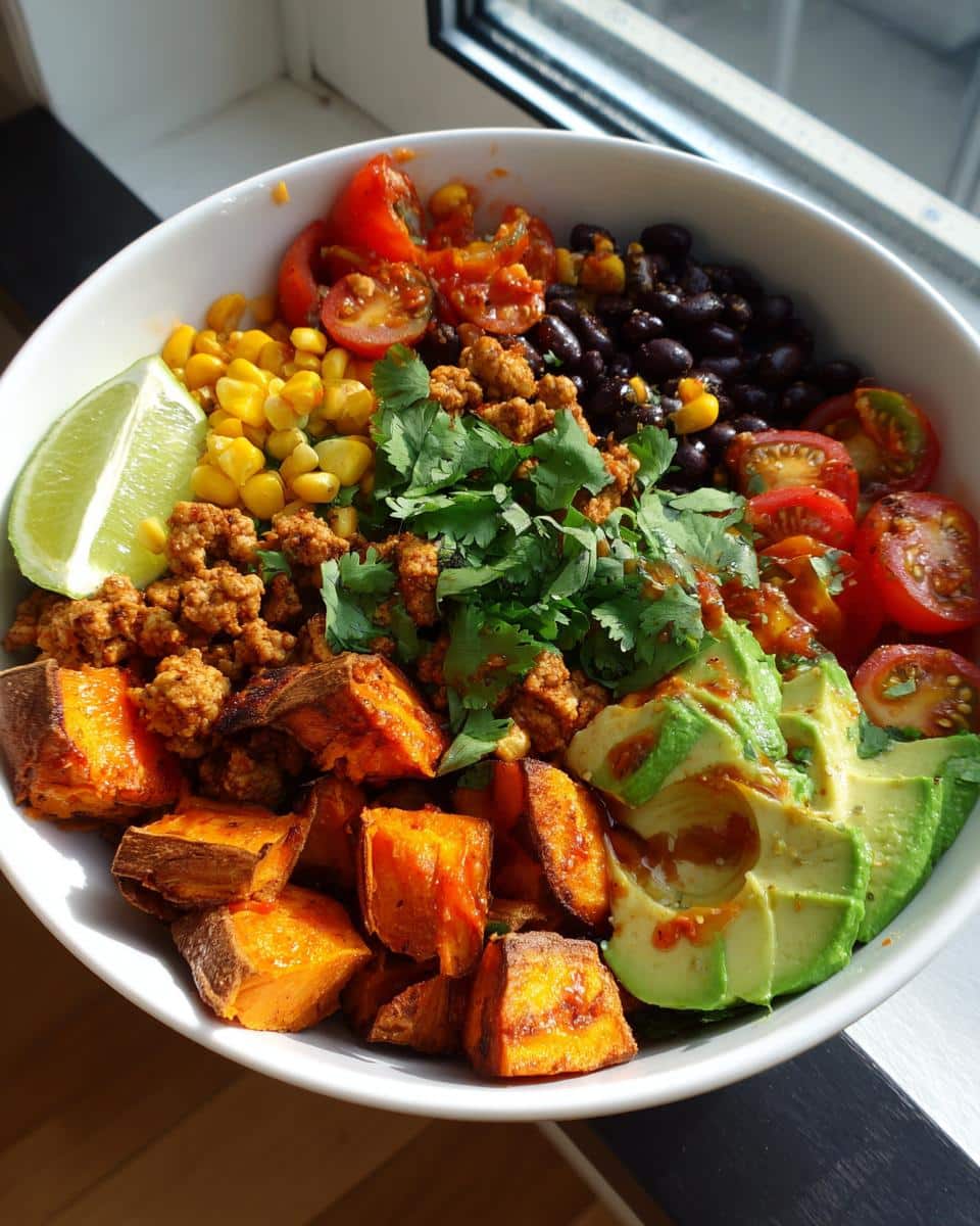 A vibrant High-Protein Sweet Potato Taco Bowl filled with roasted sweet potatoes, ground meat, avocado, corn, black beans, tomatoes, cilantro, and a lime wedge.