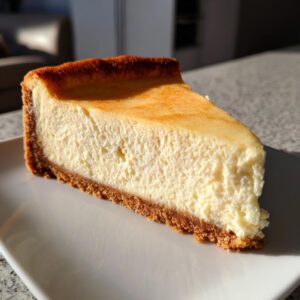 A close-up of a single slice of Home Made Classic New York Cheesecake on a white plate, showing its creamy texture and golden crust.