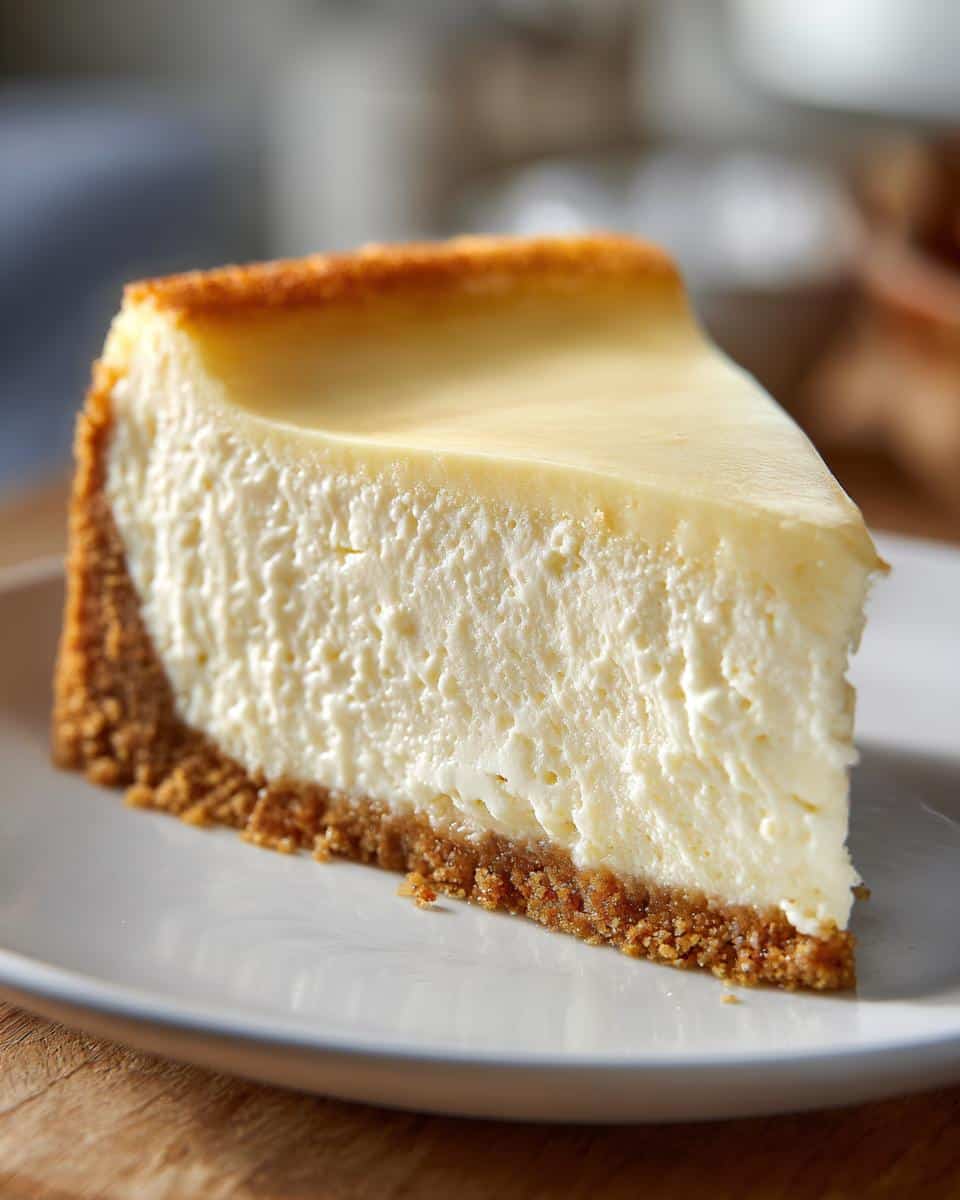 Close-up of a perfectly baked slice of Home Made Classic New York Cheesecake on a white plate.