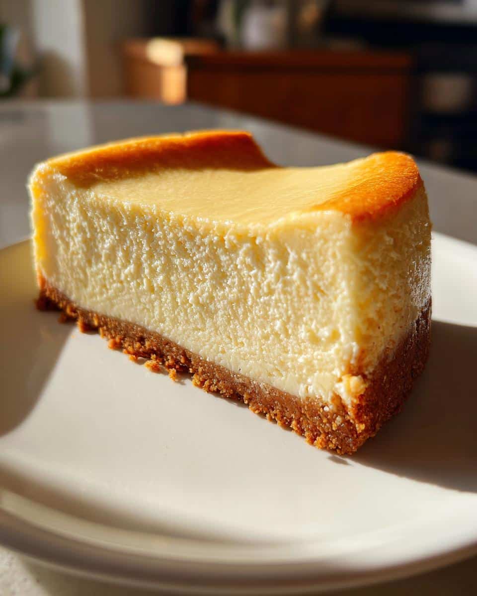 A perfect slice of Home Made Classic New York Cheesecake on a white plate, showcasing its creamy texture and golden crust.