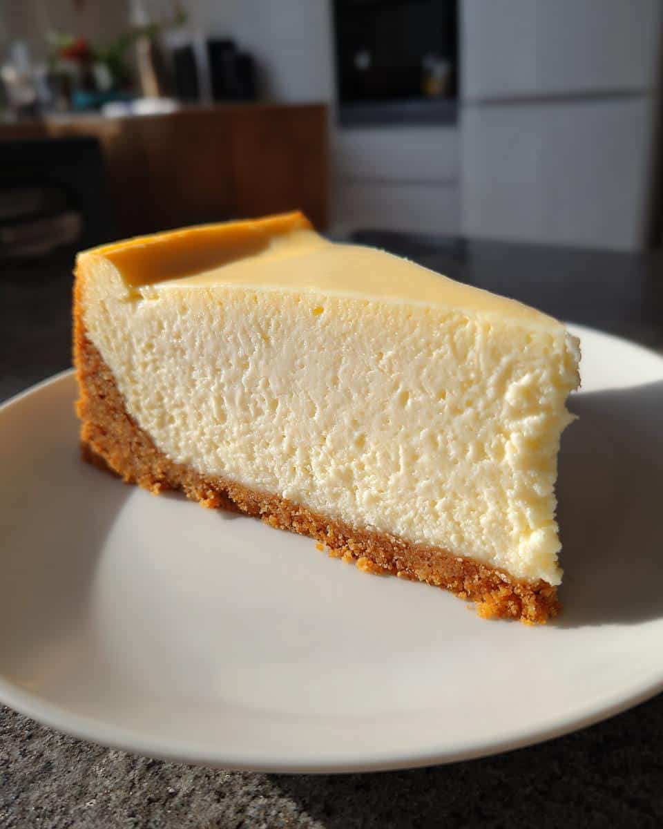 A perfect slice of Home Made Classic New York Cheesecake on a white plate, showing its creamy texture and golden crust.