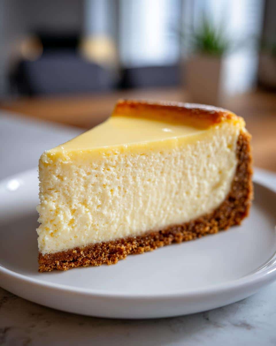 A perfect slice of Home Made Classic New York Cheesecake on a white plate, showing its creamy texture and golden-brown crust.
