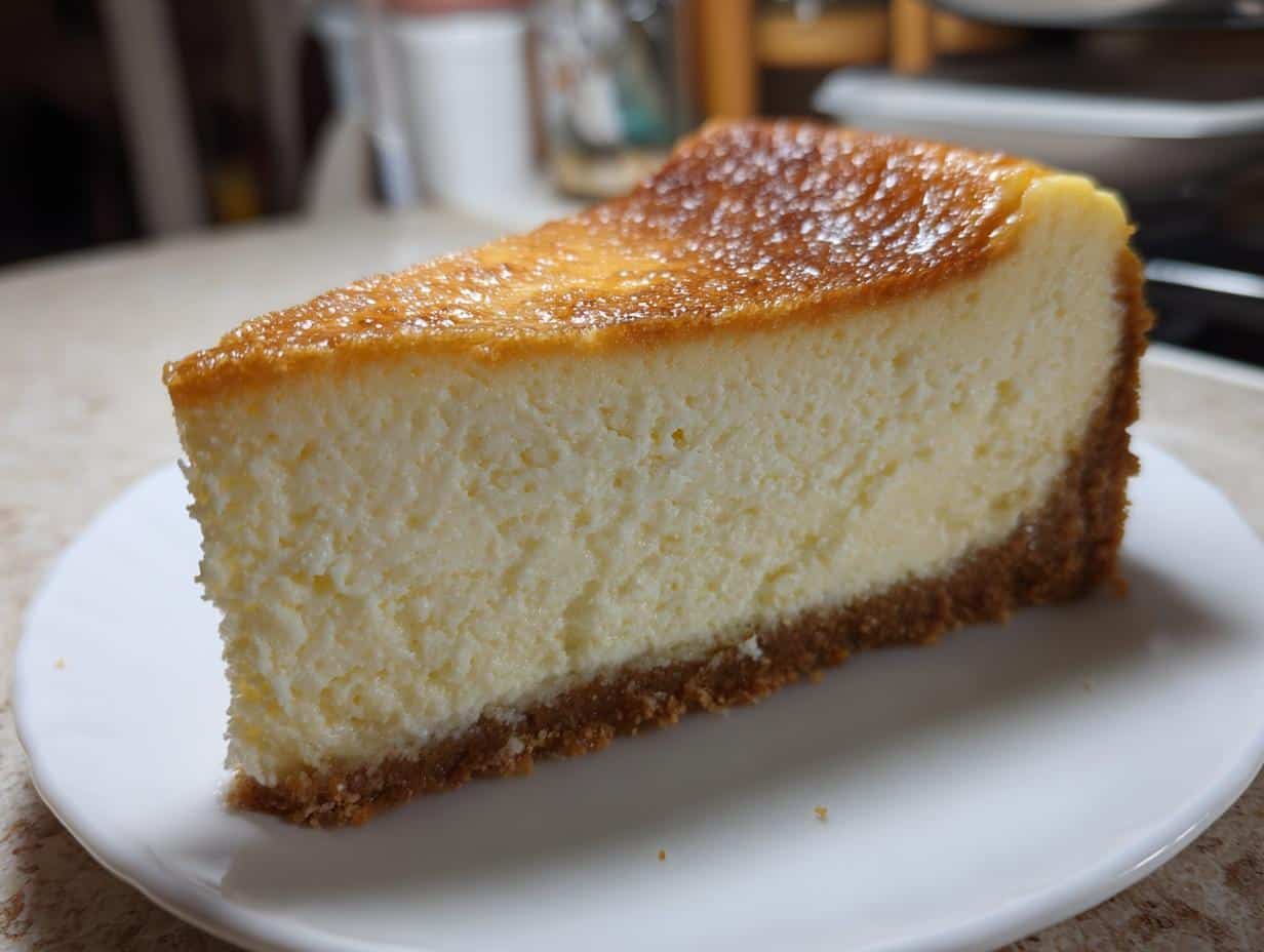 A close-up of a single slice of Home Made Classic New York Cheesecake on a white plate, showing its creamy texture and golden-brown crust.