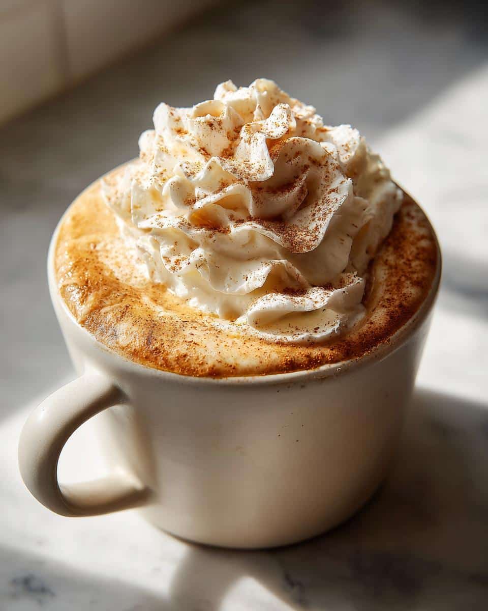A close-up of a homemade pumpkin spice latte in a white mug, topped with whipped cream and a sprinkle of pumpkin spice.