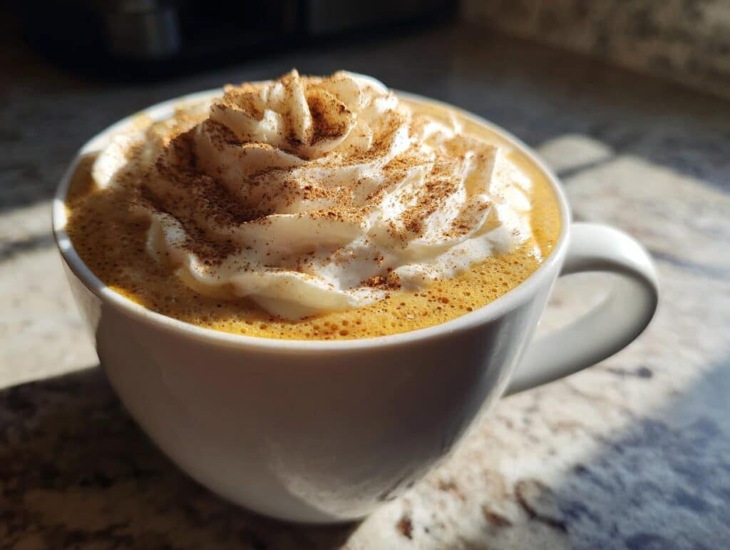 A close-up of a homemade Starbucks Pumpkin Spice Latte in a white mug, topped with whipped cream and cinnamon.