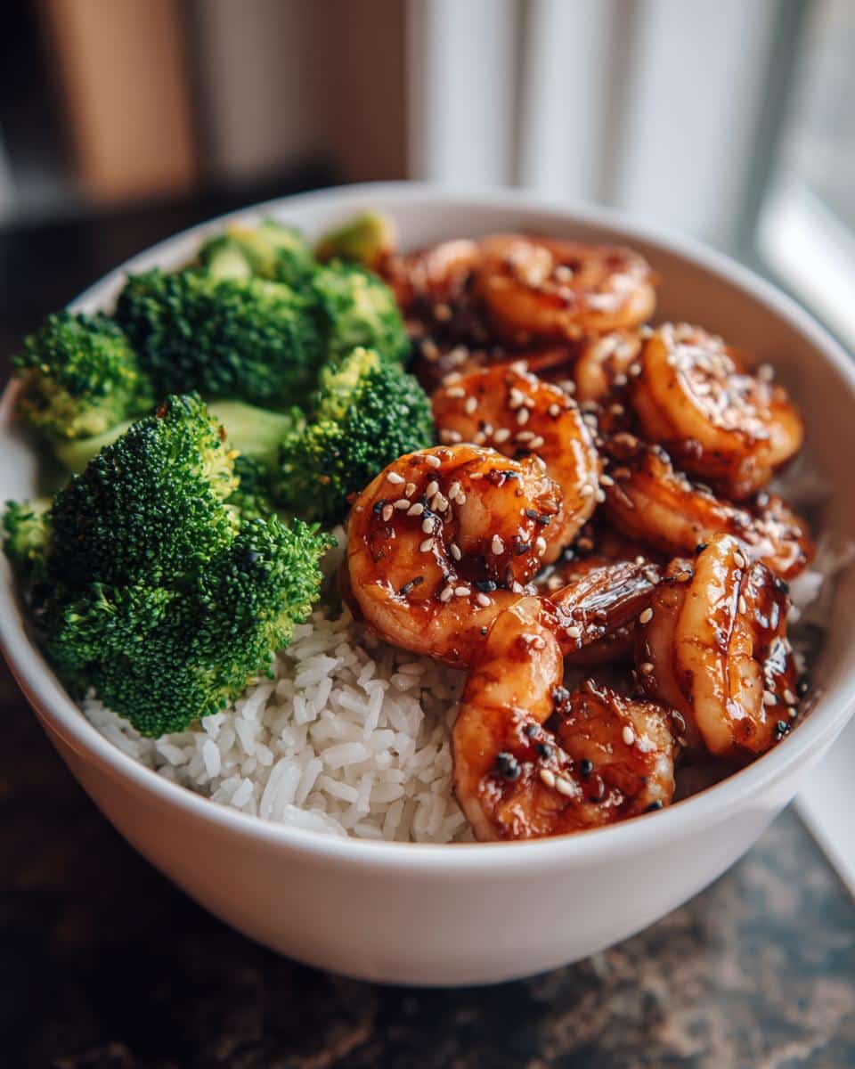 A close-up of a Honey Garlic Shrimp Bowls with white rice, steamed broccoli, and sesame-crusted shrimp.