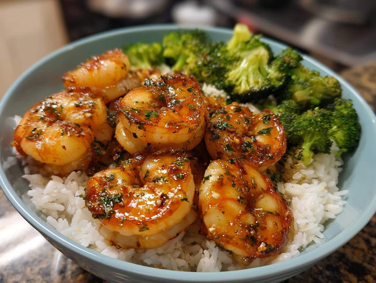 A close-up of a Honey Garlic Shrimp Bowl with white rice and steamed broccoli in a light blue bowl.