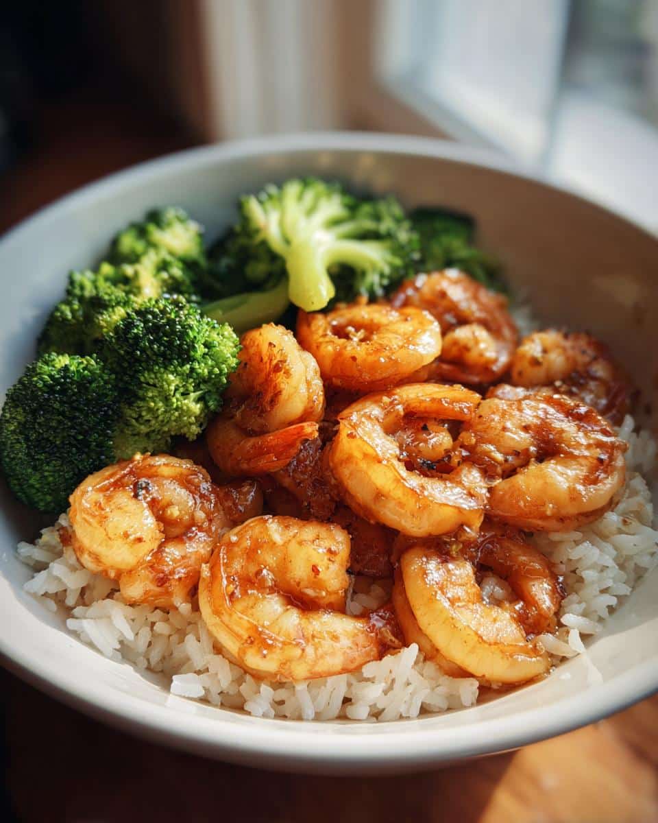 A close-up of a Honey Garlic Shrimp Bowls with fluffy white rice, vibrant green broccoli, and glazed shrimp.