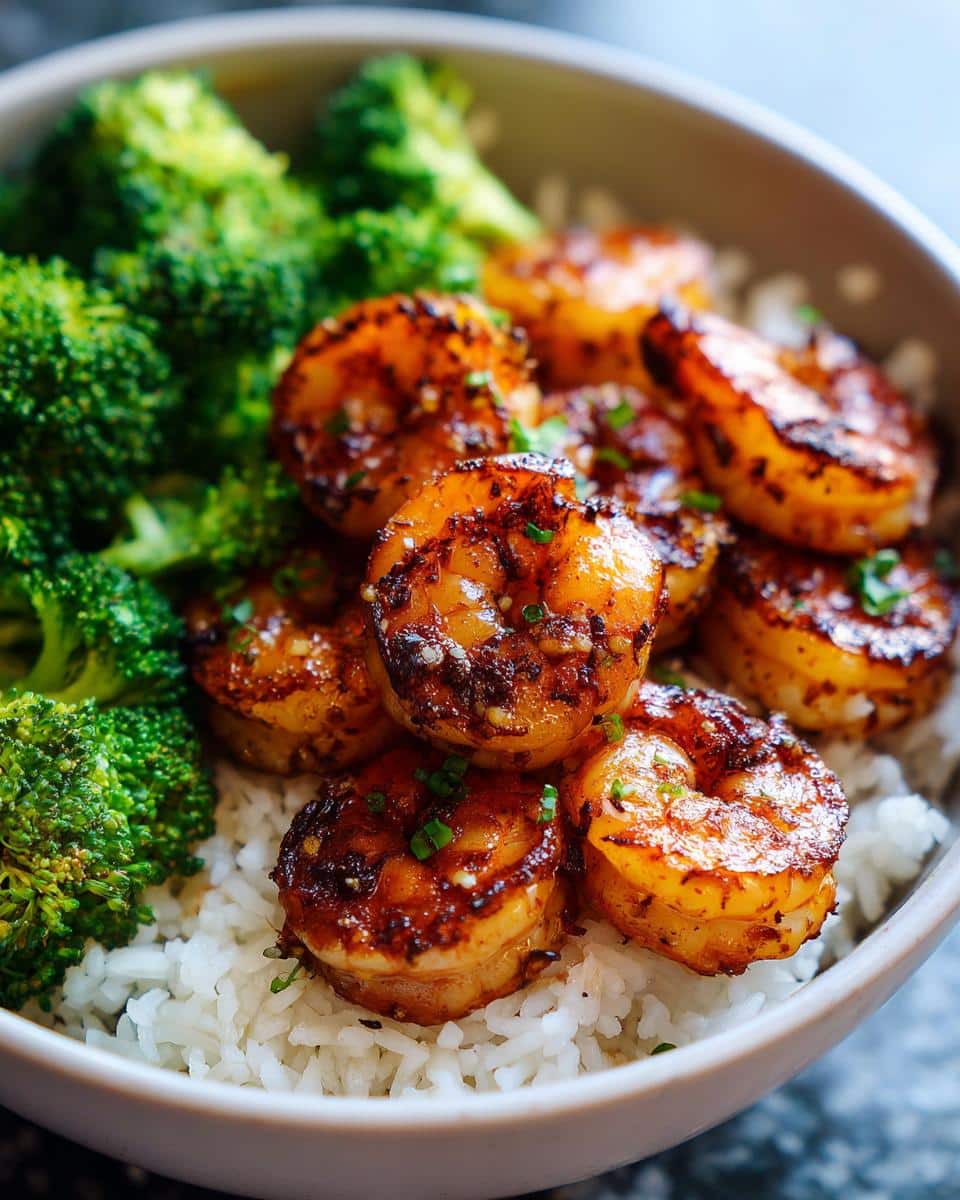 Close-up of a Honey Garlic Shrimp Bowl with fluffy white rice, vibrant green broccoli florets, and perfectly cooked honey garlic shrimp.