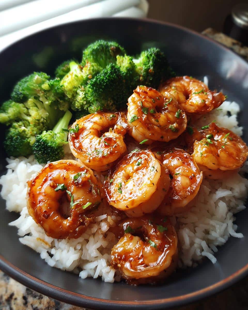 A close-up of a Honey Garlic Shrimp Bowls with fluffy white rice, vibrant green broccoli, and succulent honey garlic shrimp.