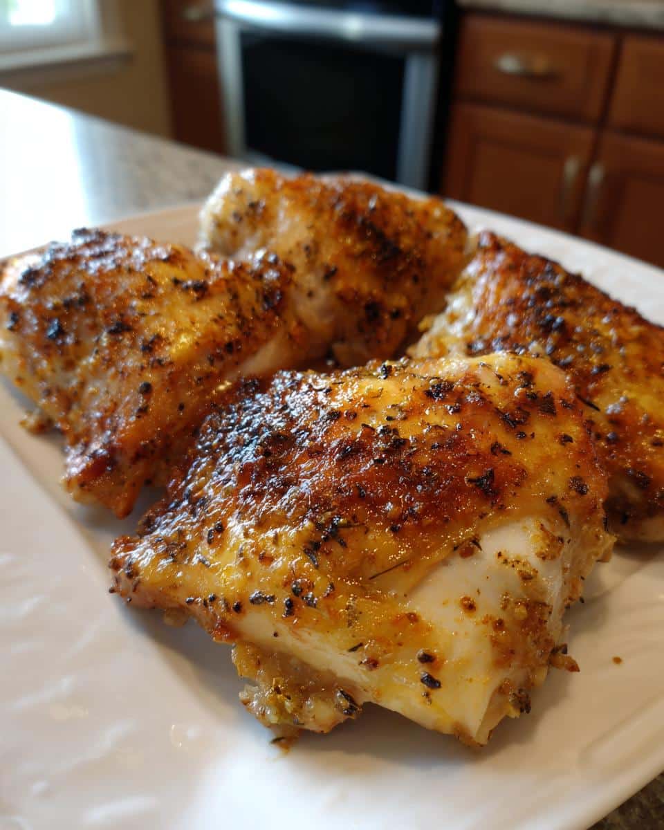 A close-up of four pieces of golden-brown, seasoned Juicy Baked Chicken Breast on a white plate, ready to serve.