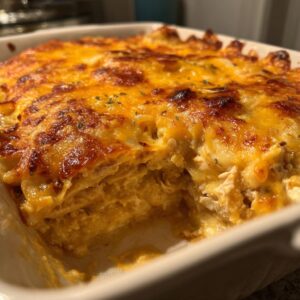 A close-up shot of a golden-brown King Ranch Chicken Casserole in a white baking dish, showing layers of chicken and cheese.
