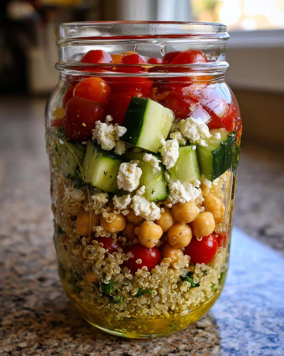 A colorful layered salad in a mason jar with quinoa, chickpeas, cherry tomatoes, cucumber, and feta cheese, perfect for Balanced Make-Ahead Cold Lunch Ideas.