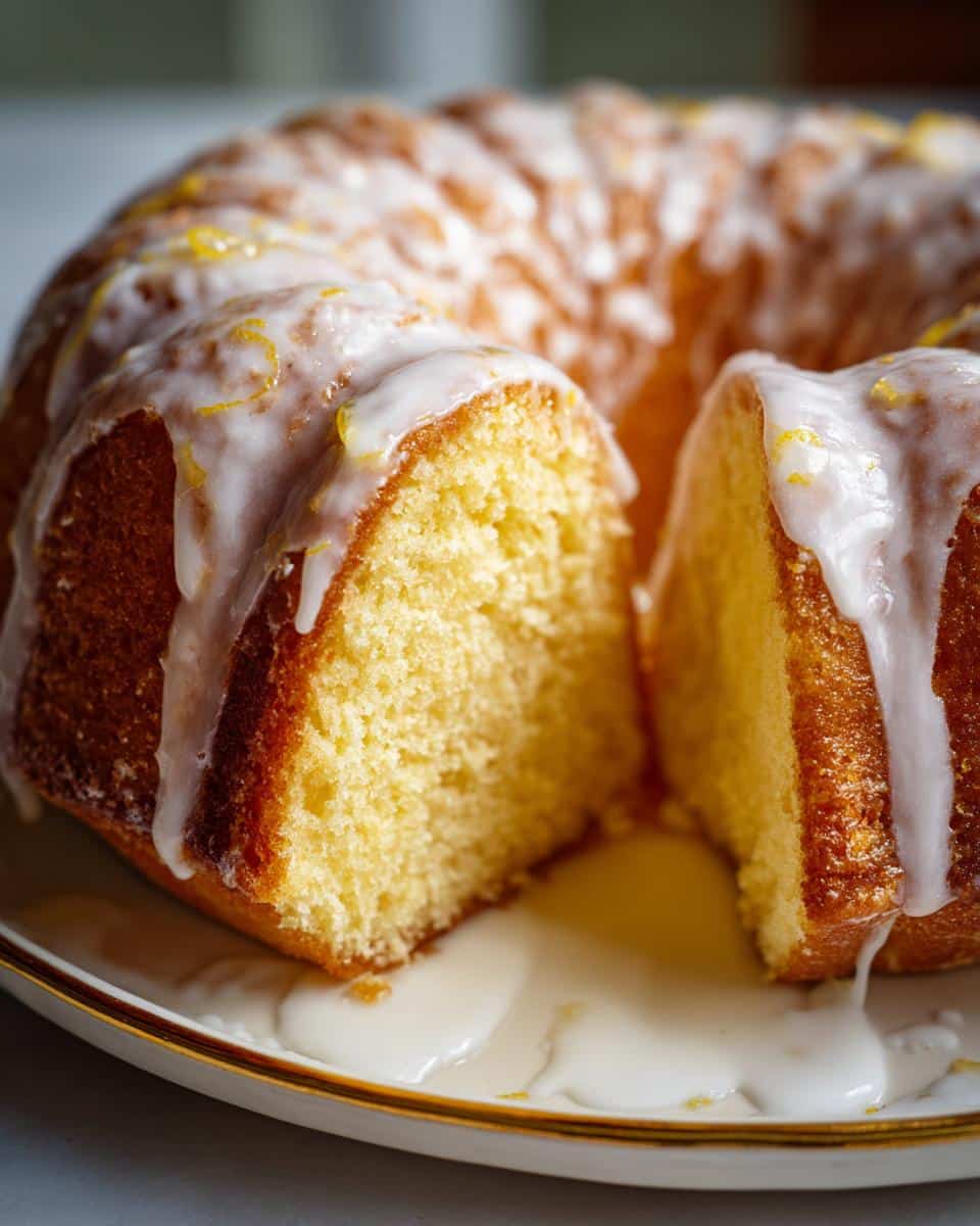 Close-up of a Rich Ingredient Lemon Cream Cheese Dump Cake, featuring a slice removed, showing moist texture, glaze, and lemon zest.