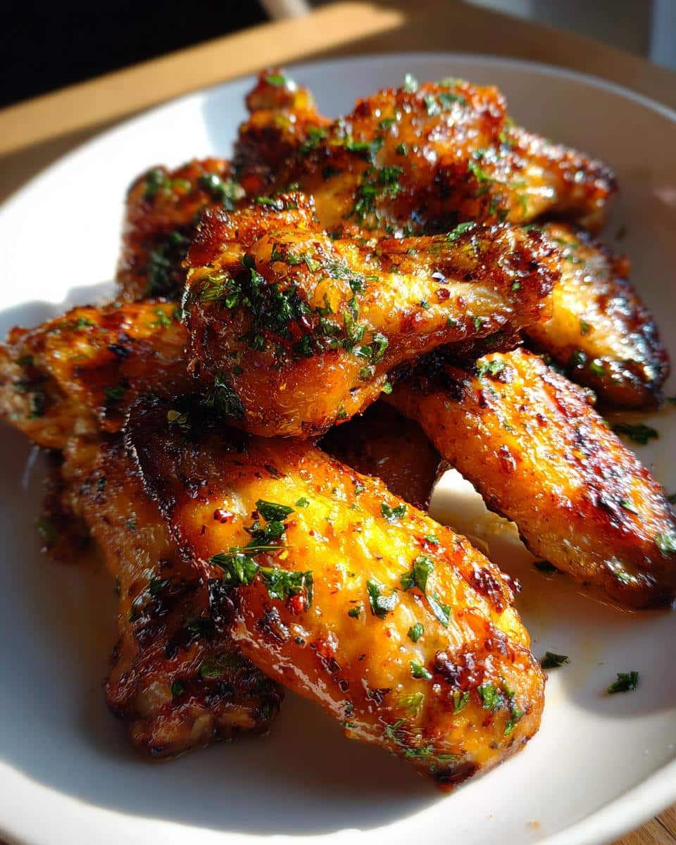 A close-up of a plate piled high with golden-brown Lemon Garlic Chicken Wings, garnished with fresh parsley.